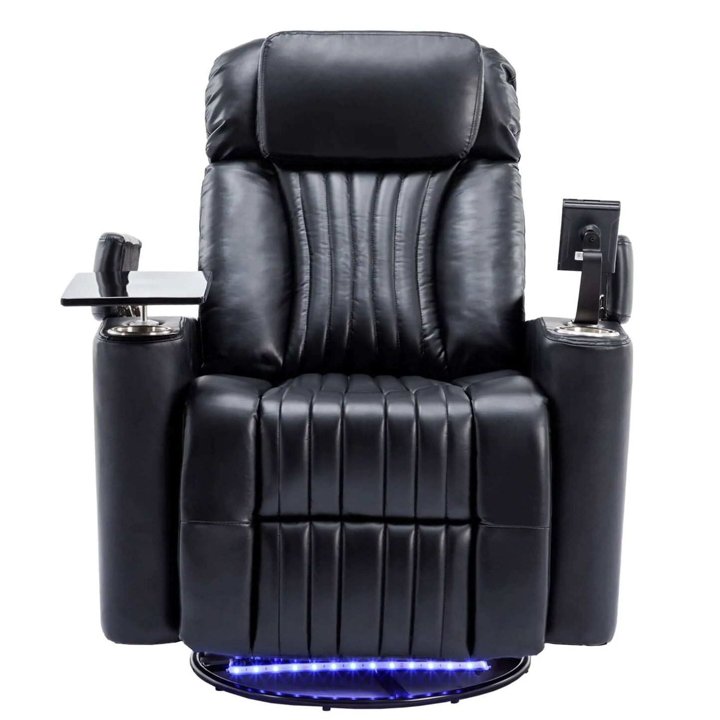 Black leather recliner theater chair with cup holders, LED lights and armrest controls on a white background