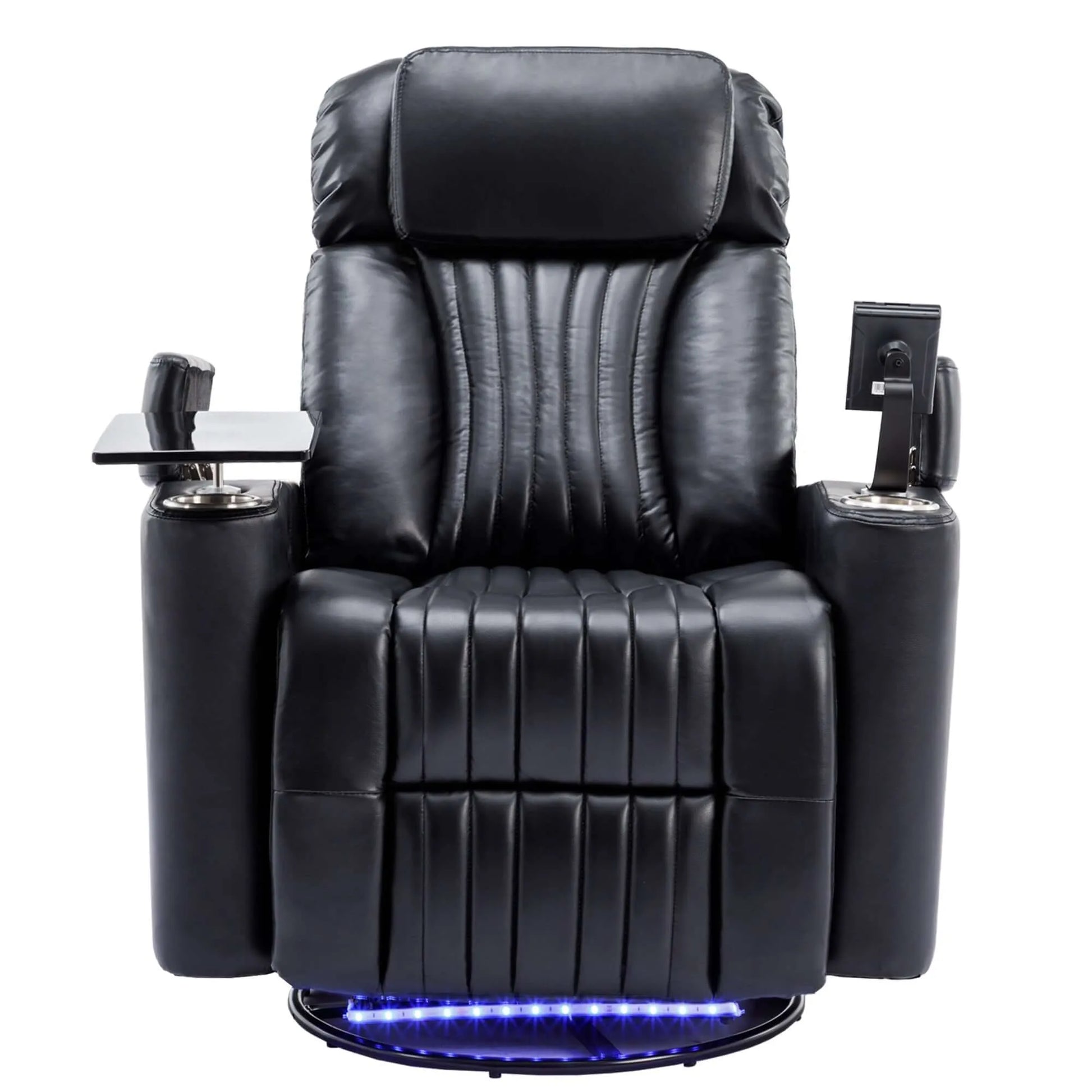 Black leather recliner theater chair with cup holders, LED lights and armrest controls on a white background