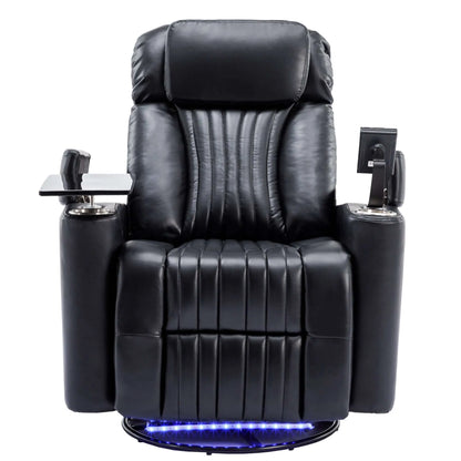 Black leather recliner theater chair with cup holders, LED lights and armrest controls on a white background