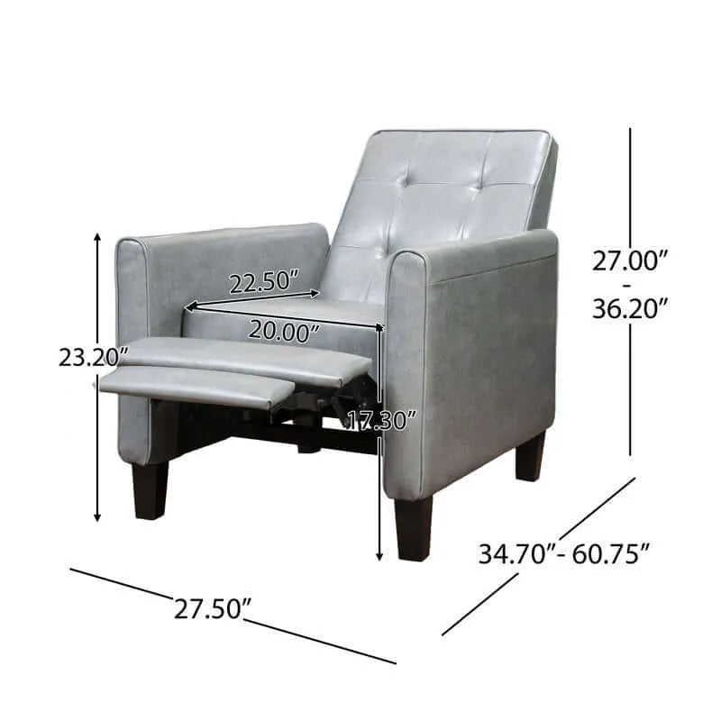 Gray recliner chair with dimensions marked on a white background