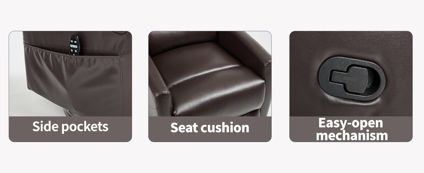 Product features including side pockets, seat cushion, and easy-open mechanism on a gray background.