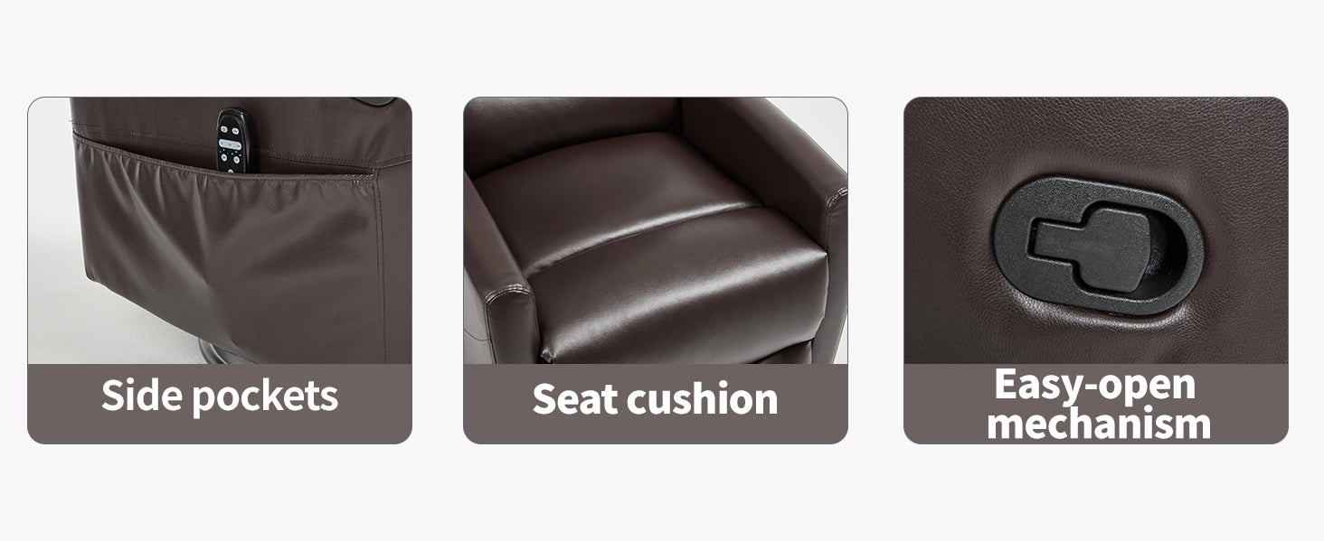Product features including side pockets, seat cushion, and easy-open mechanism on a gray background.