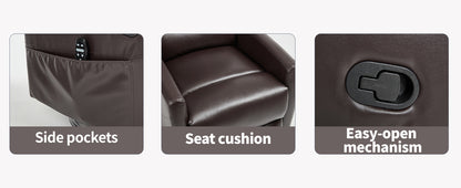 Product features including side pockets, seat cushion, and easy-open mechanism on a gray background.