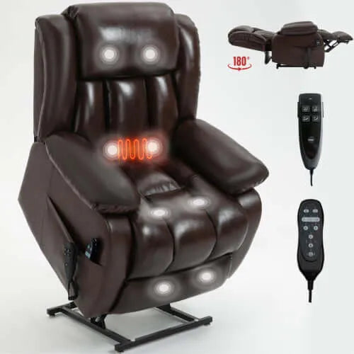 Brown lift chair with massage points and remote controls on a white background