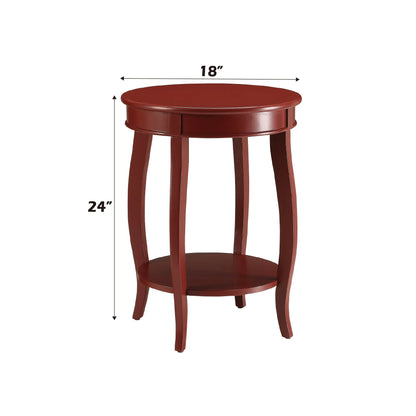 Round wooden red end table with dimensions on a white background