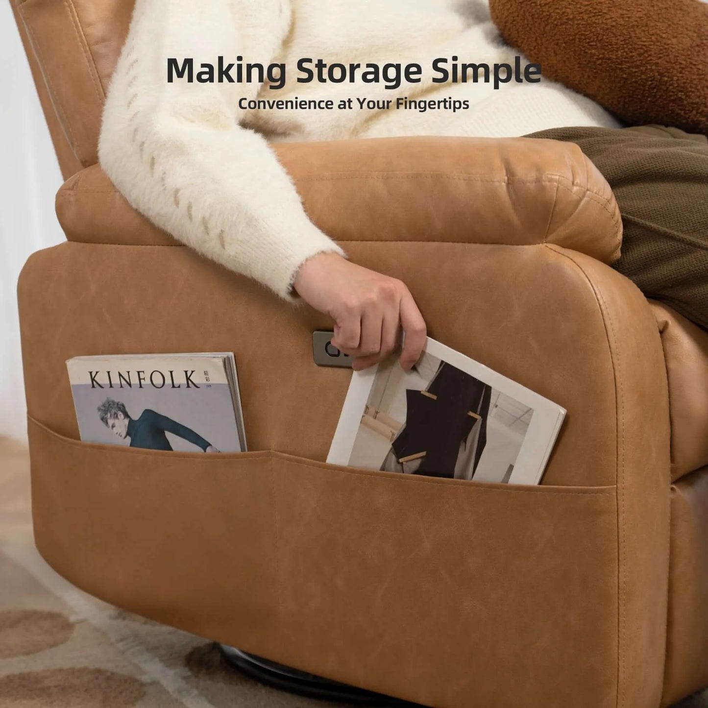 Brown leather armchair with a magazine holder, magazines inside, and text 'Making Storage Simple'.