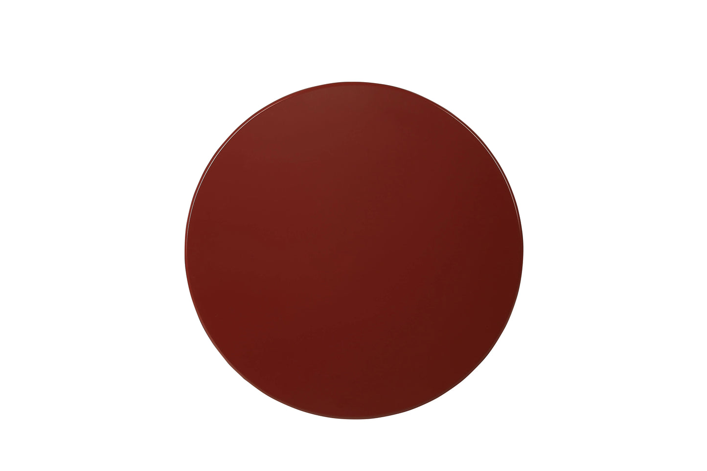 Top of round wooden end table on a white background