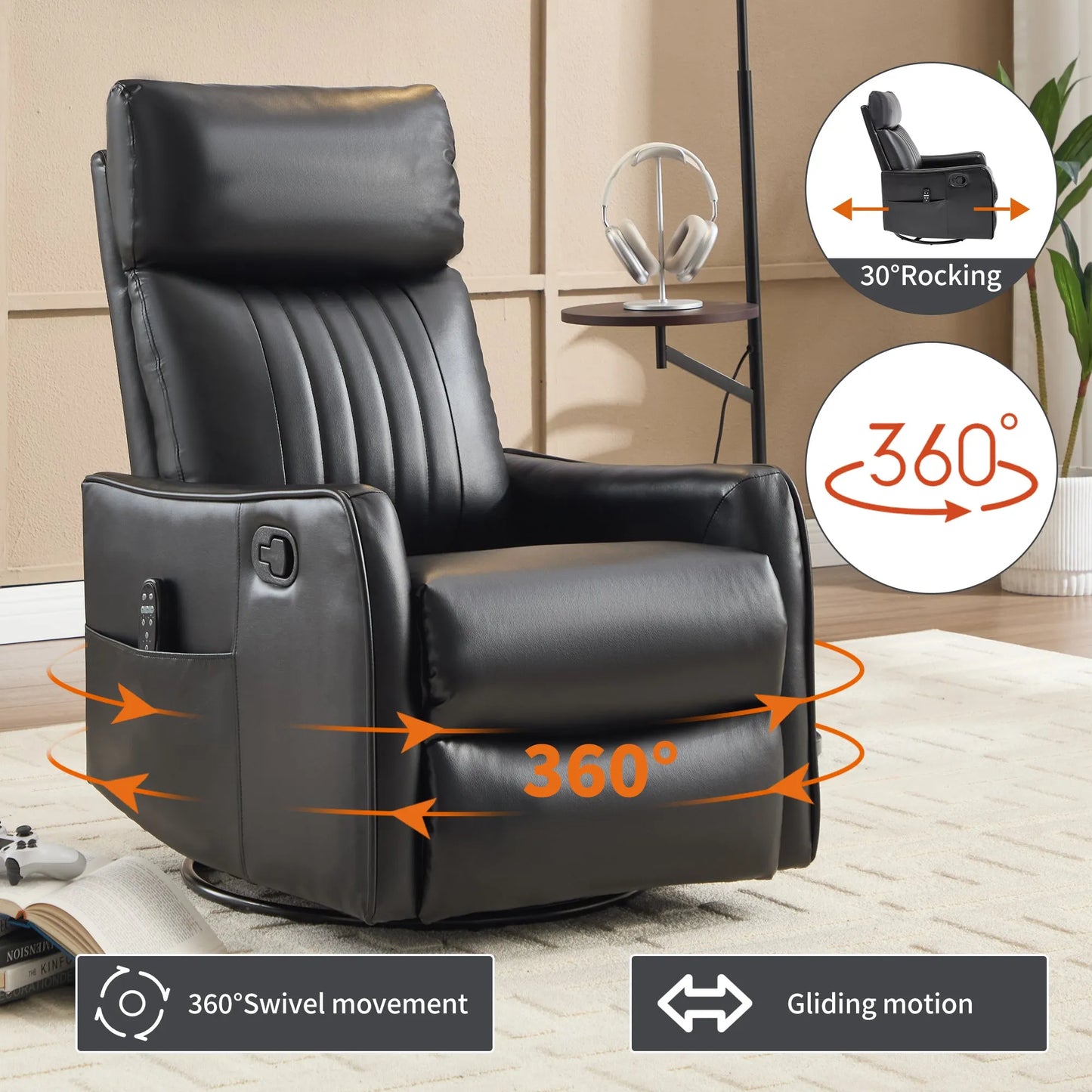 Black rocking, swivel and glider recliner chair with features highlighted in a living room setting