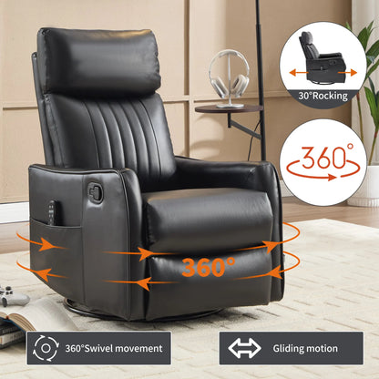 Black rocking, swivel and glider recliner chair with features highlighted in a living room setting