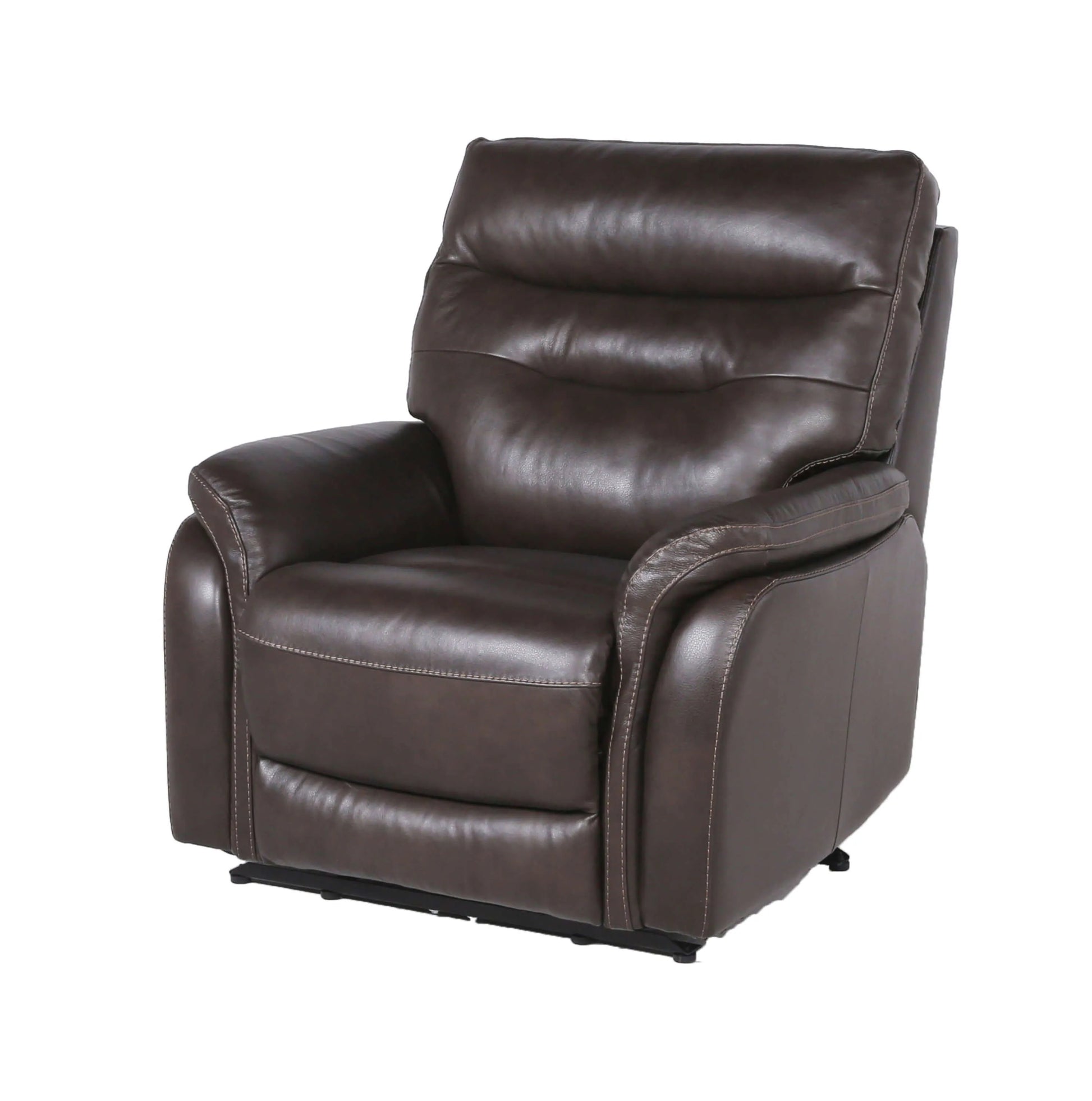 Brown leather recliner chair with black base on a white background