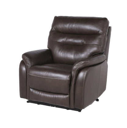 Brown leather recliner chair with black base on a white background
