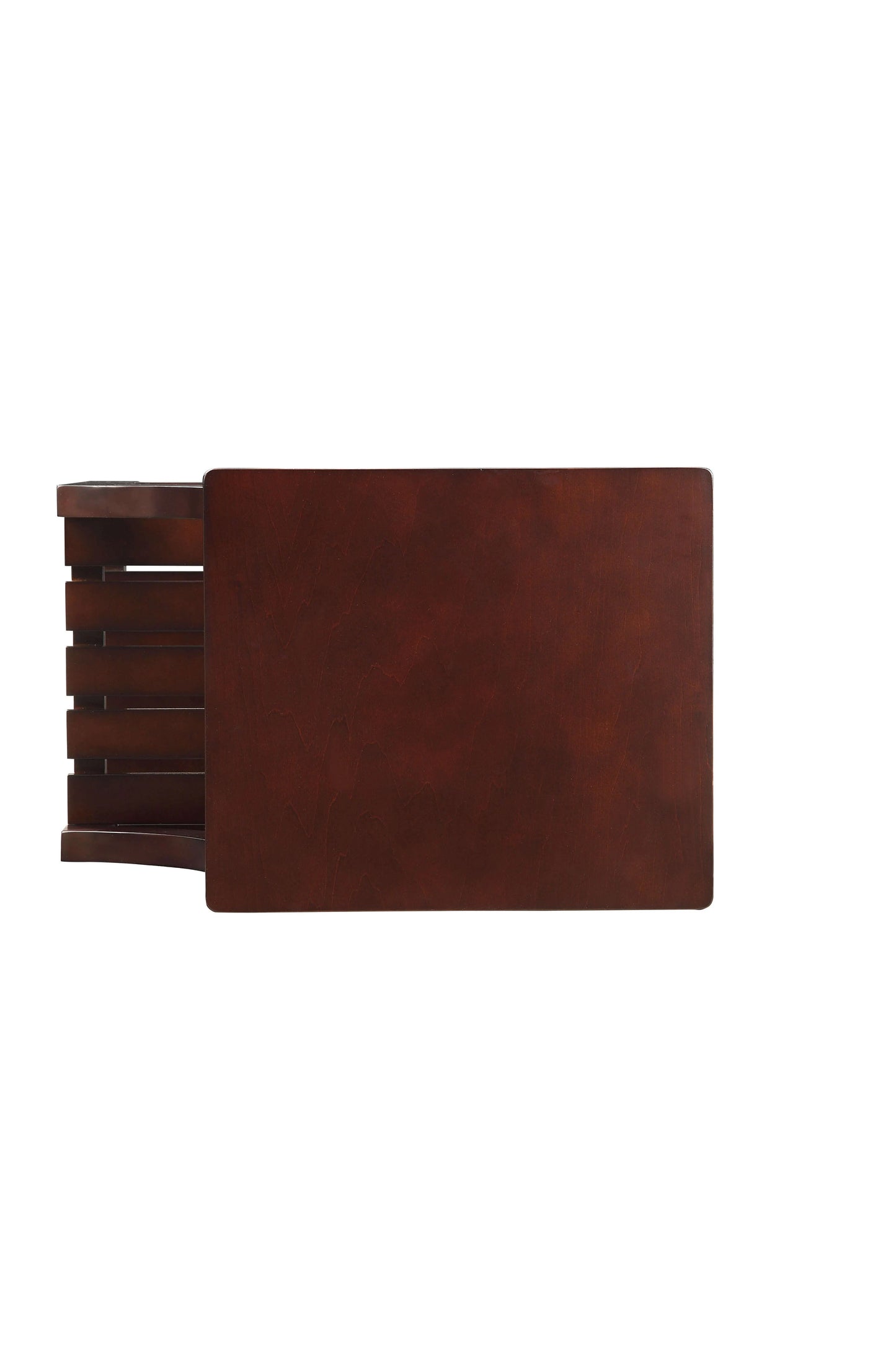 Top of wooden end table on white background.