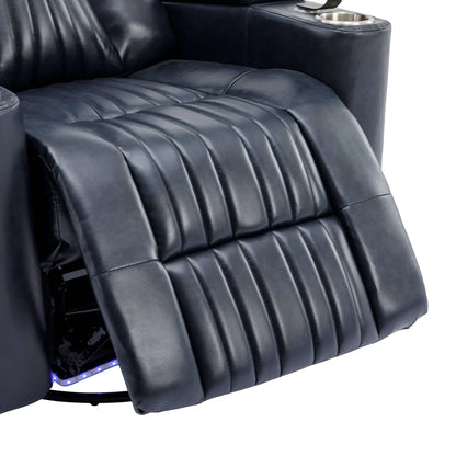 Close-up of a blue leather recliner chair footrest with cup holders on a white background