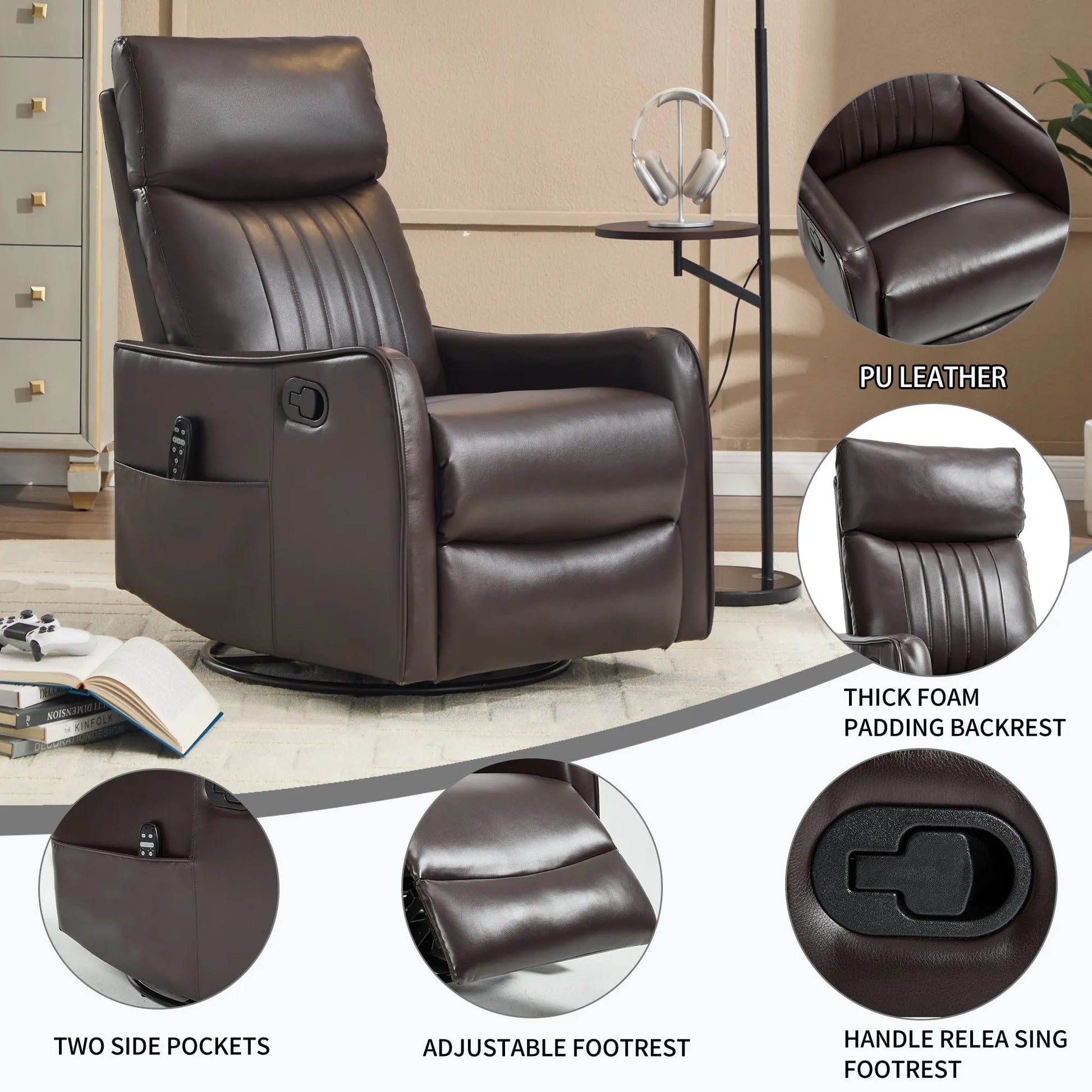 Brown leather recliner chair with features highlighted in a home setting