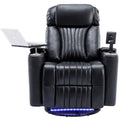 Black leather recliner theater chair with cup holder, tablet stand, and cup holders on a white background
