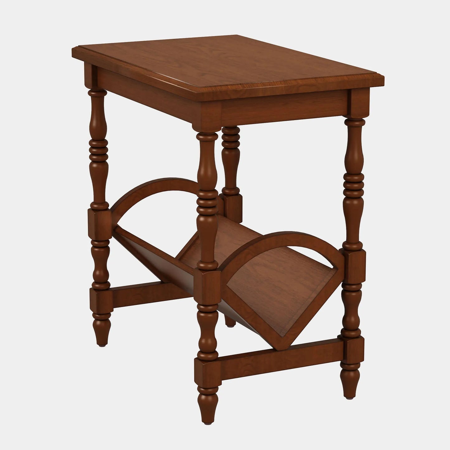 Cherry wood end table with a shelf on a white background