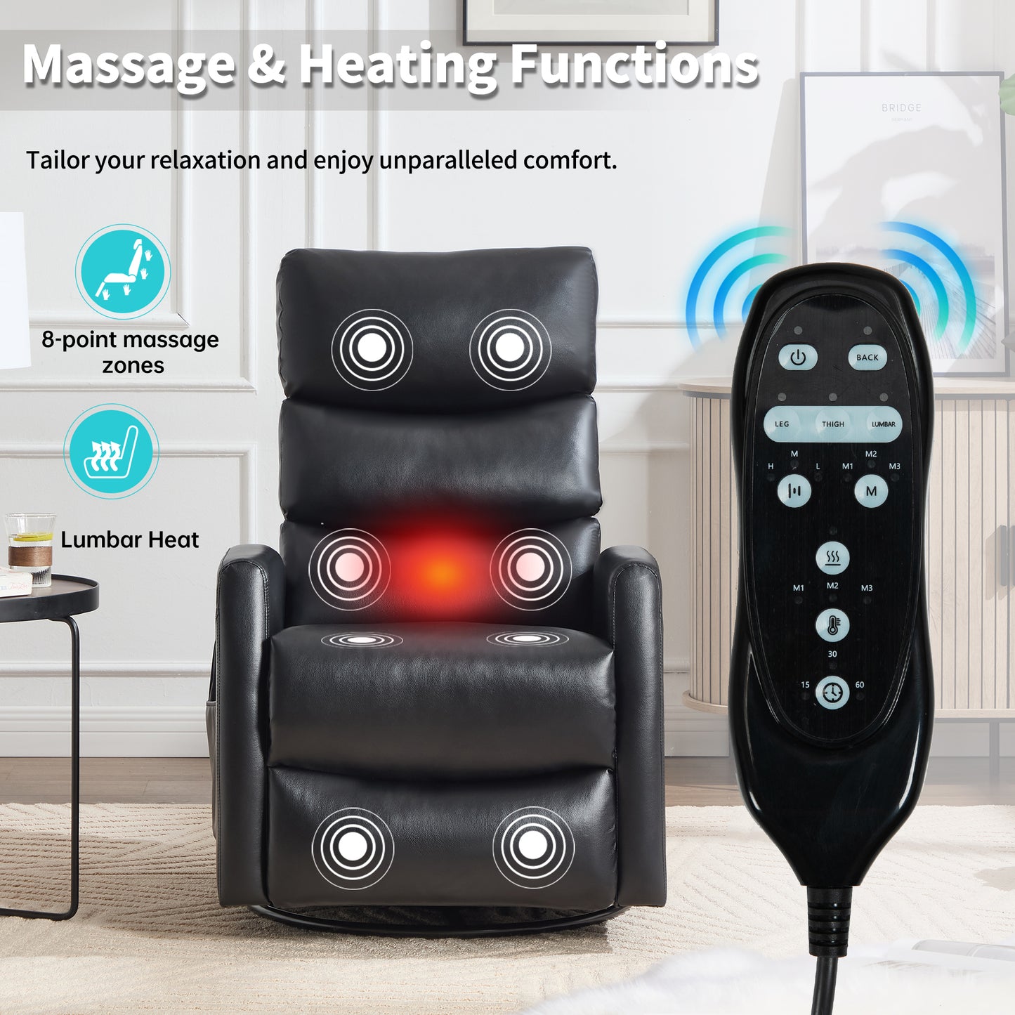 Black massage and heating recliner chair with control panel in a home setting