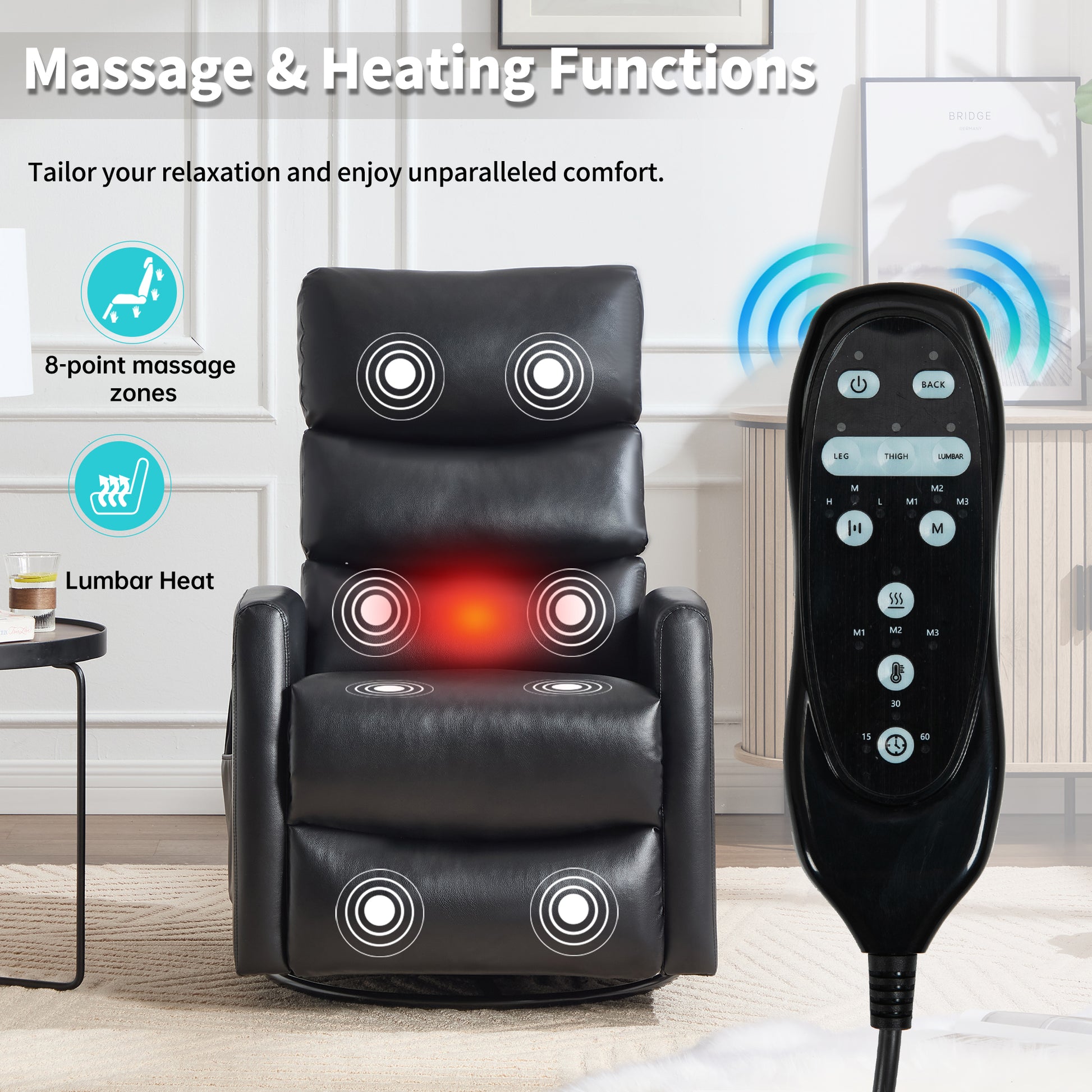 Black massage and heating recliner chair with control panel in a home setting