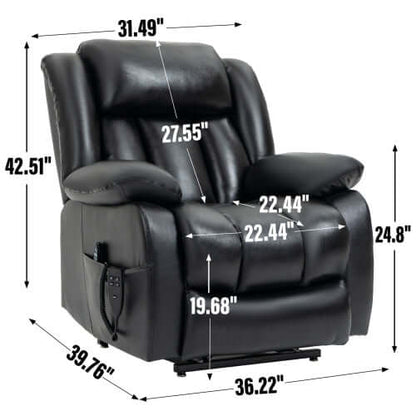 Leather Power Lift Recliner with Massage, Heat and Dual Motors-Black