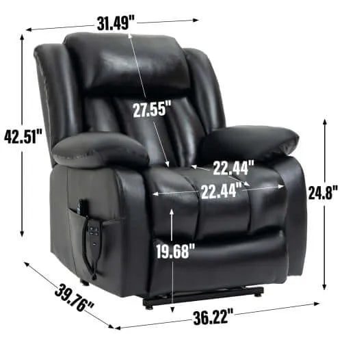Black recliner chair with measurements on a white background