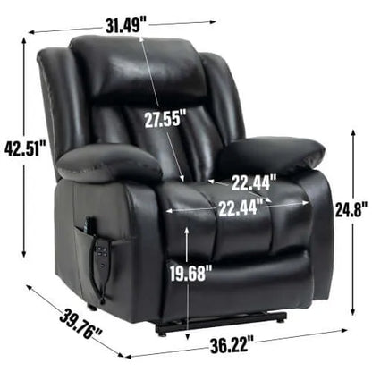 Black recliner chair with measurements on a white background