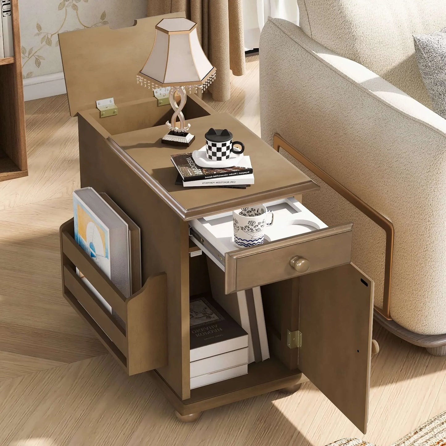 Brown side table with lamp, books, and a cup in a living room setting.