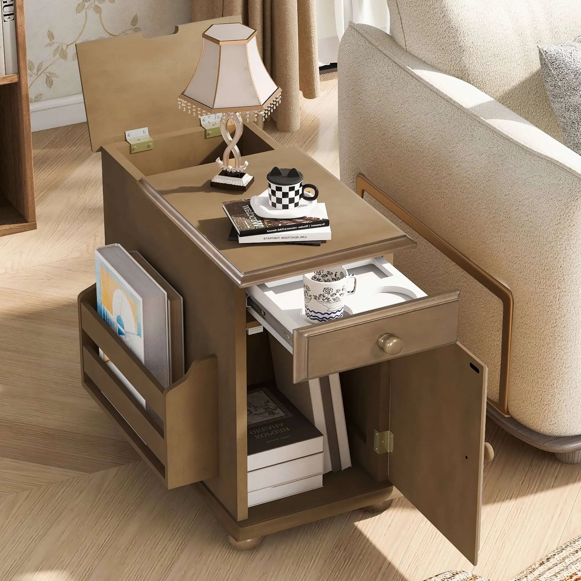 Brown side table with lamp, books, and a cup in a living room setting.
