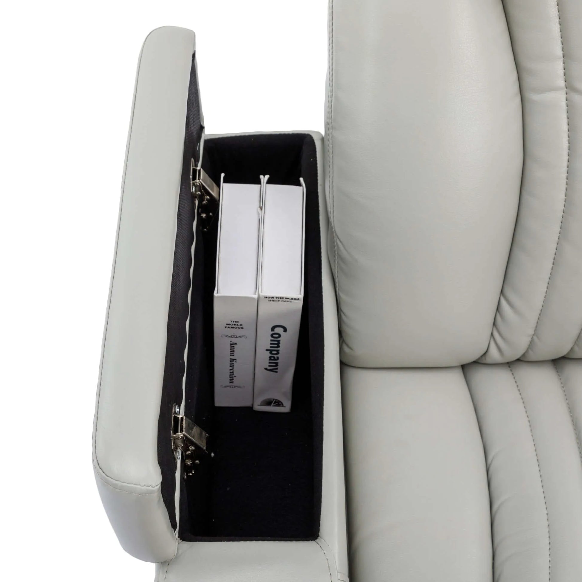 Close up of a gray recliner chair small compartment and box inside on a white background