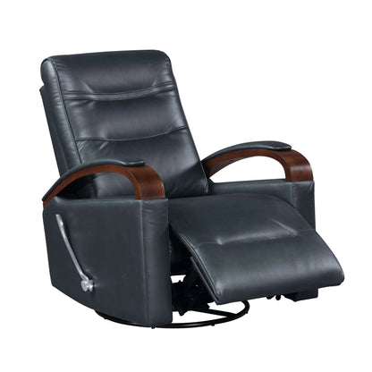 Navy blue faux leather swivel glider  recliner chair with wooden armrests on a white background