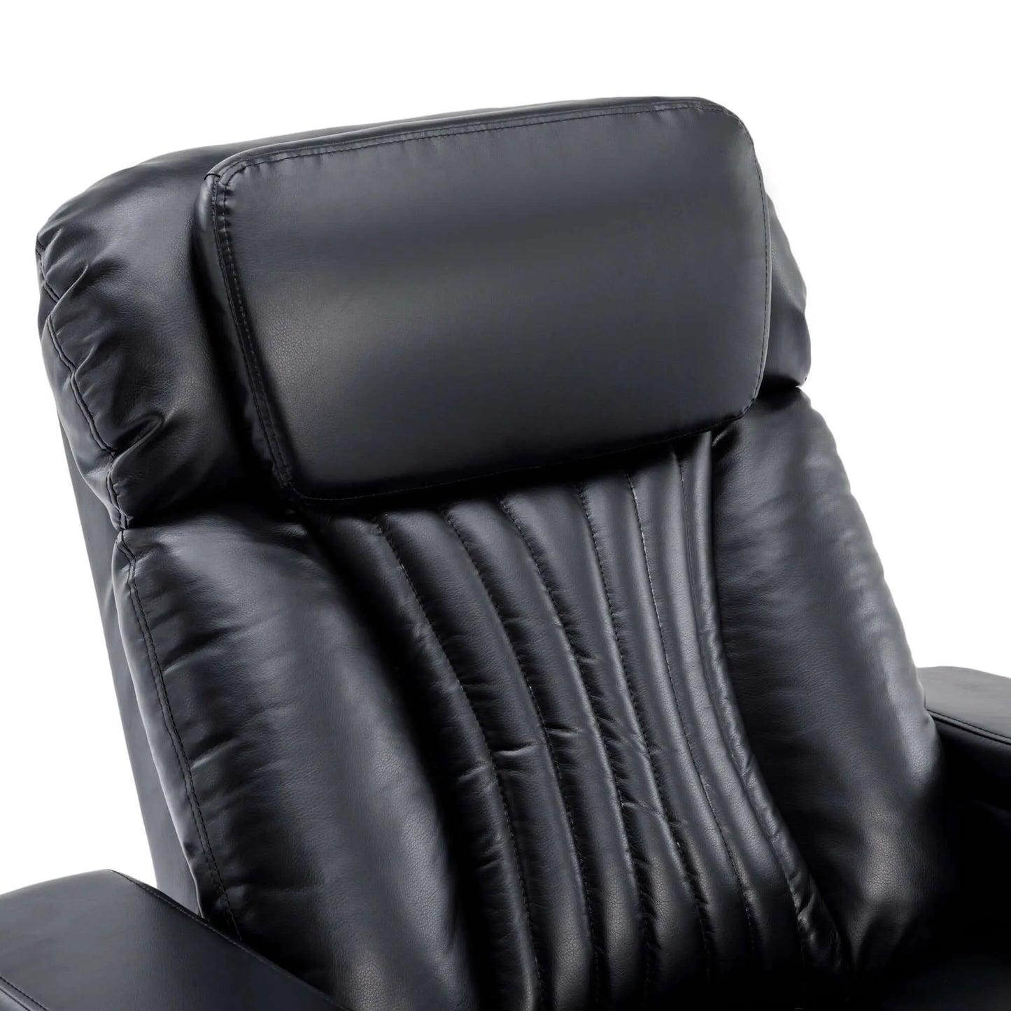 Close up of a black leather recliner chair headrest on a white background