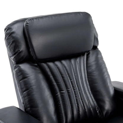 Close up of a black leather recliner chair headrest on a white background