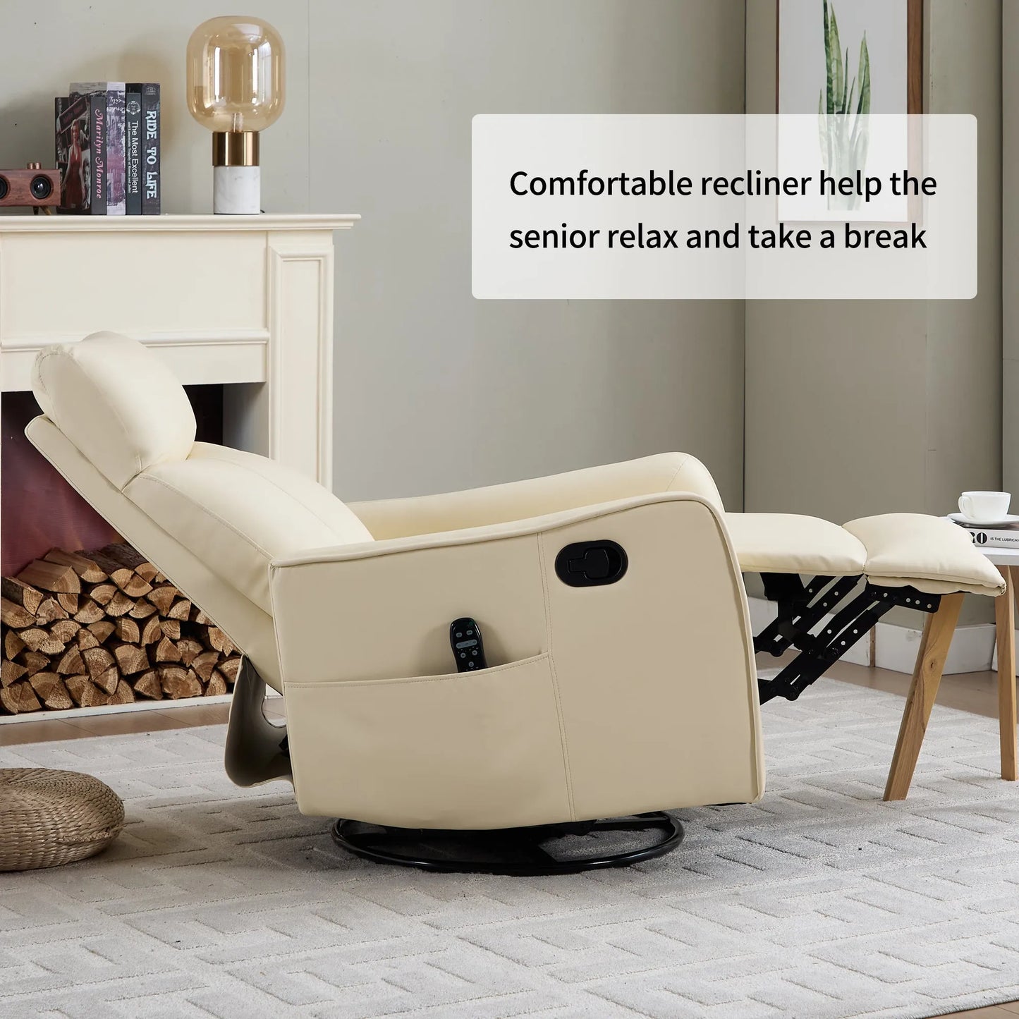 Beige recliner chair in a living room setting with text about its benefits.