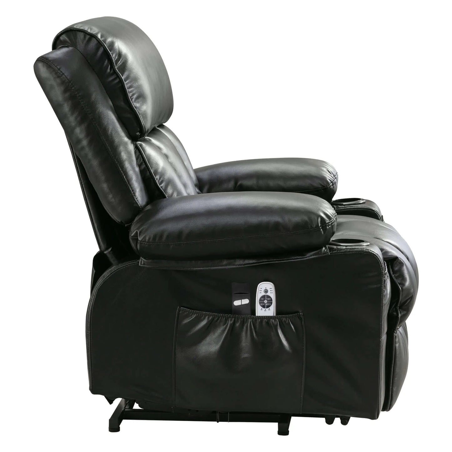 Black leather recliner chair with remote controls in storage pocket on a white background