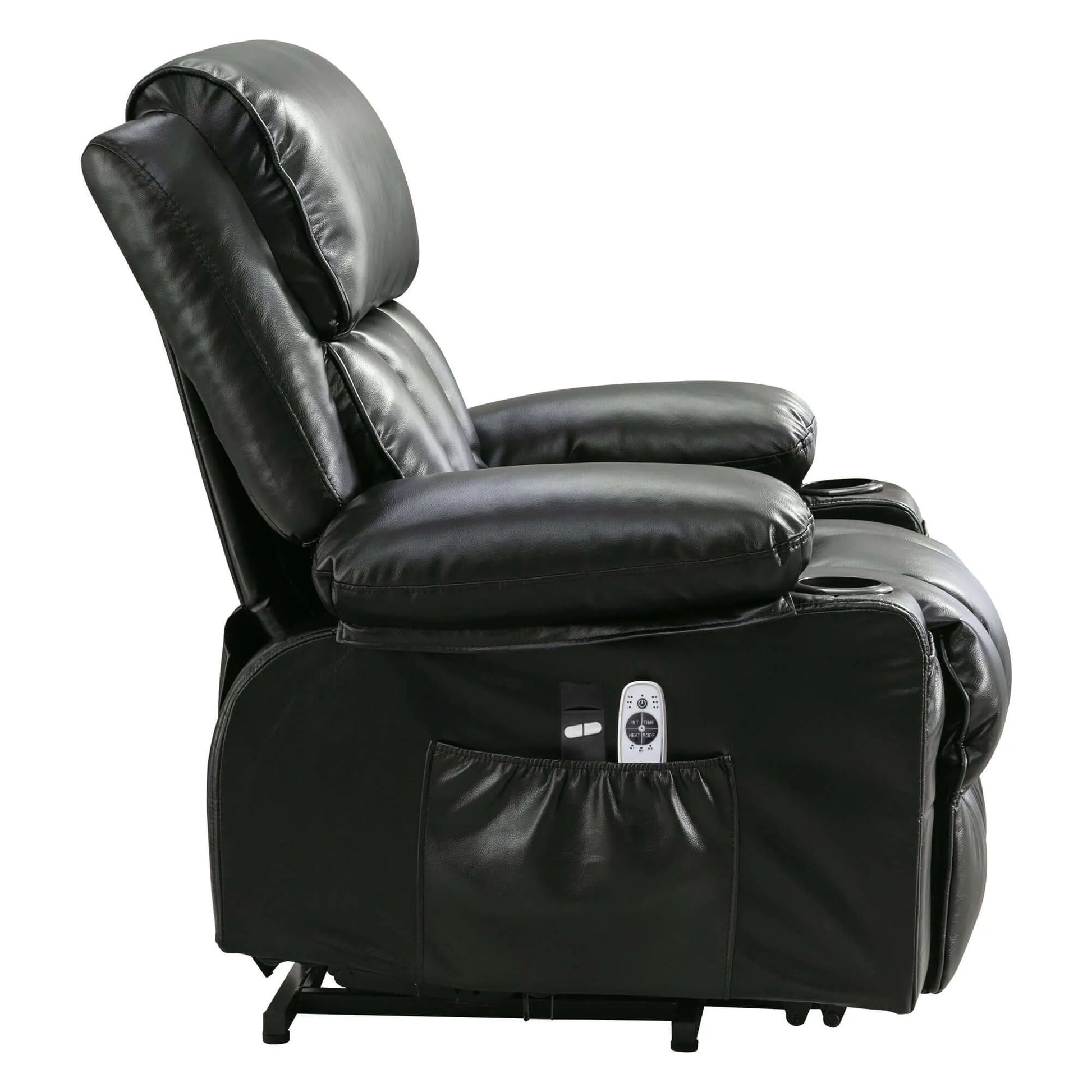 Black leather recliner chair with remote controls in storage pocket on a white background