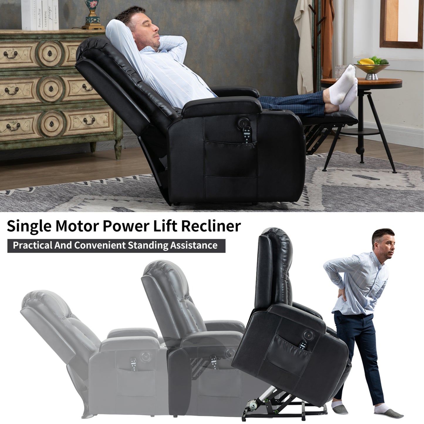 350 LB Power Lift Recliner w/ Massage, Heat, USB & Cup Holders – Black