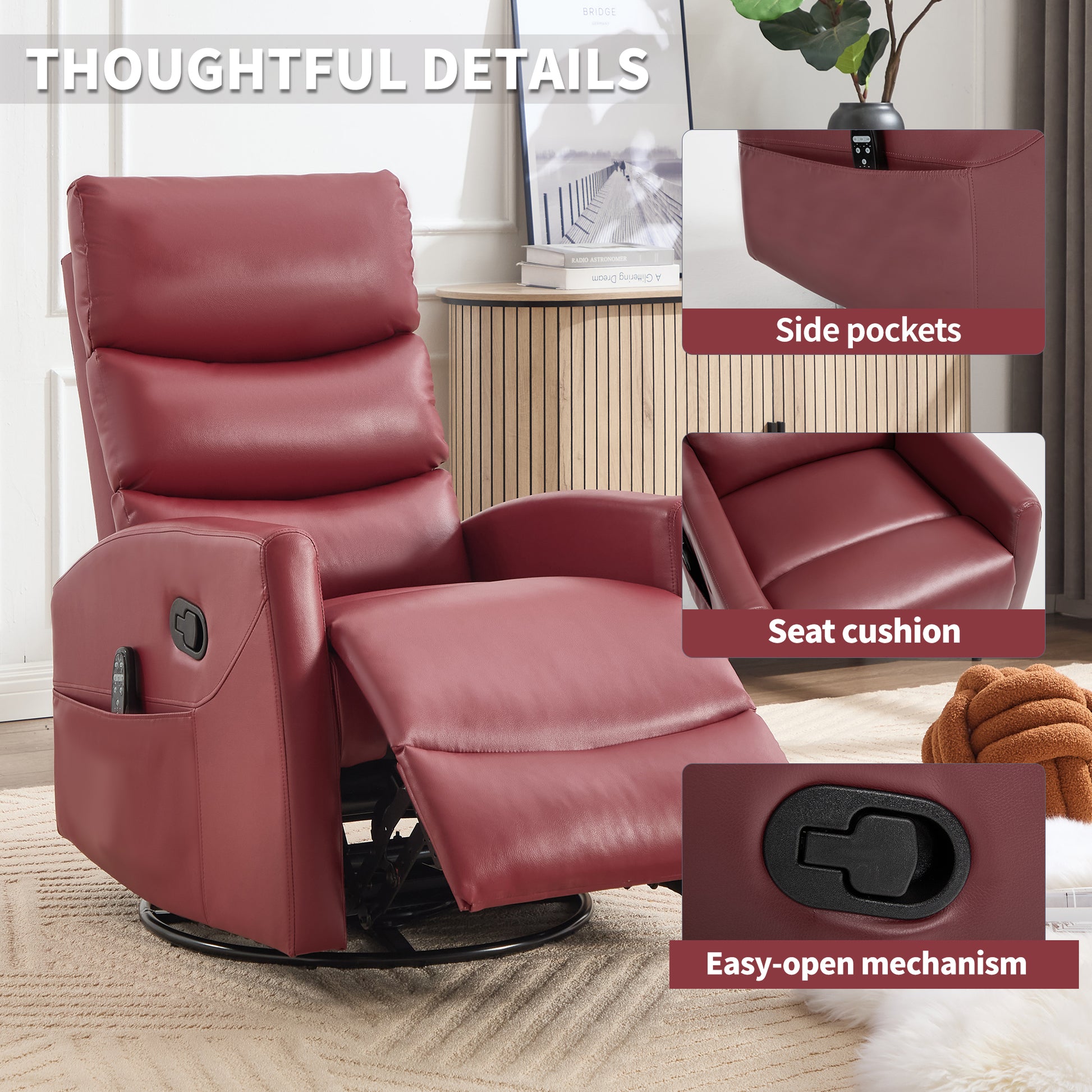 Red recliner chair with side pockets, seat cushion, and easy-open mechanism highlighted.