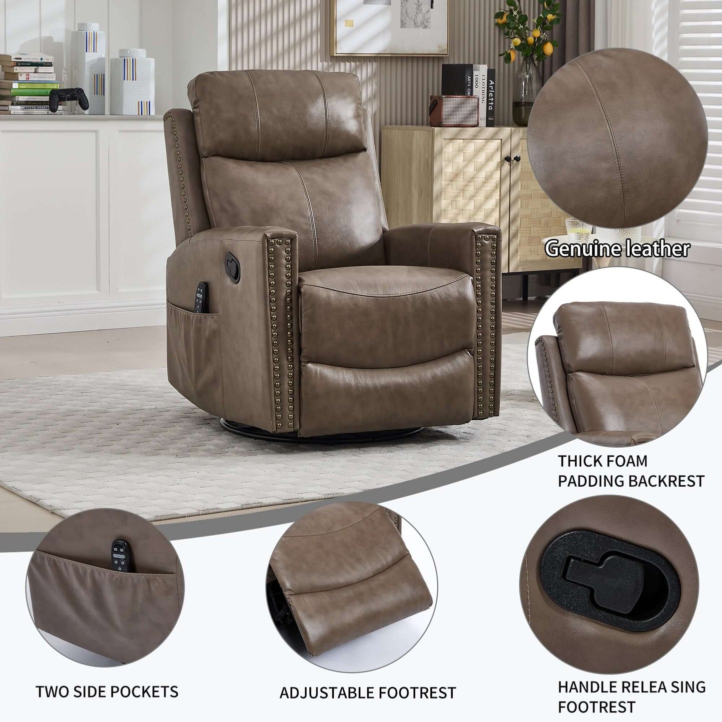 Camel Brown Recliner w/ Heat, Massage, Rocker & Swivel – Manual