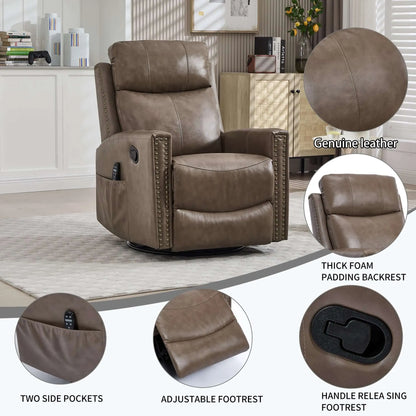 Brown leather recliner chair with features highlighted in a living room setting