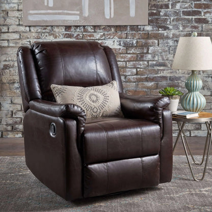 Brown faux leather recliner chair with a decorative pillow in a living room setting.