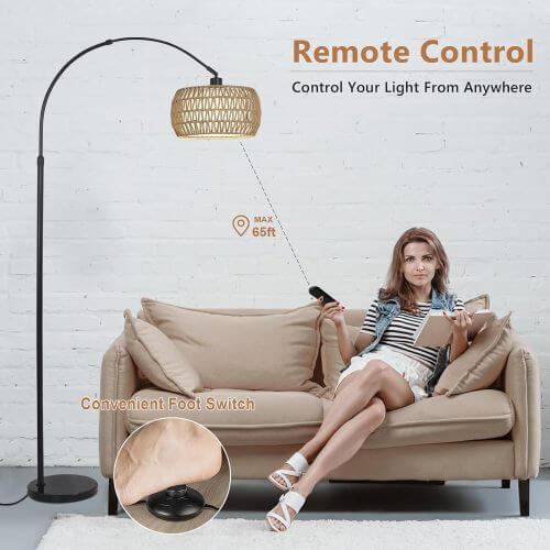 Boho Arc Floor Lamp with Remote, Dimmable LED & Rattan Shade – Black