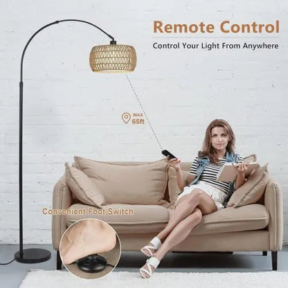 Woman sitting on a couch with a floor lamp and remote control, featuring text about remote control and foot switch.