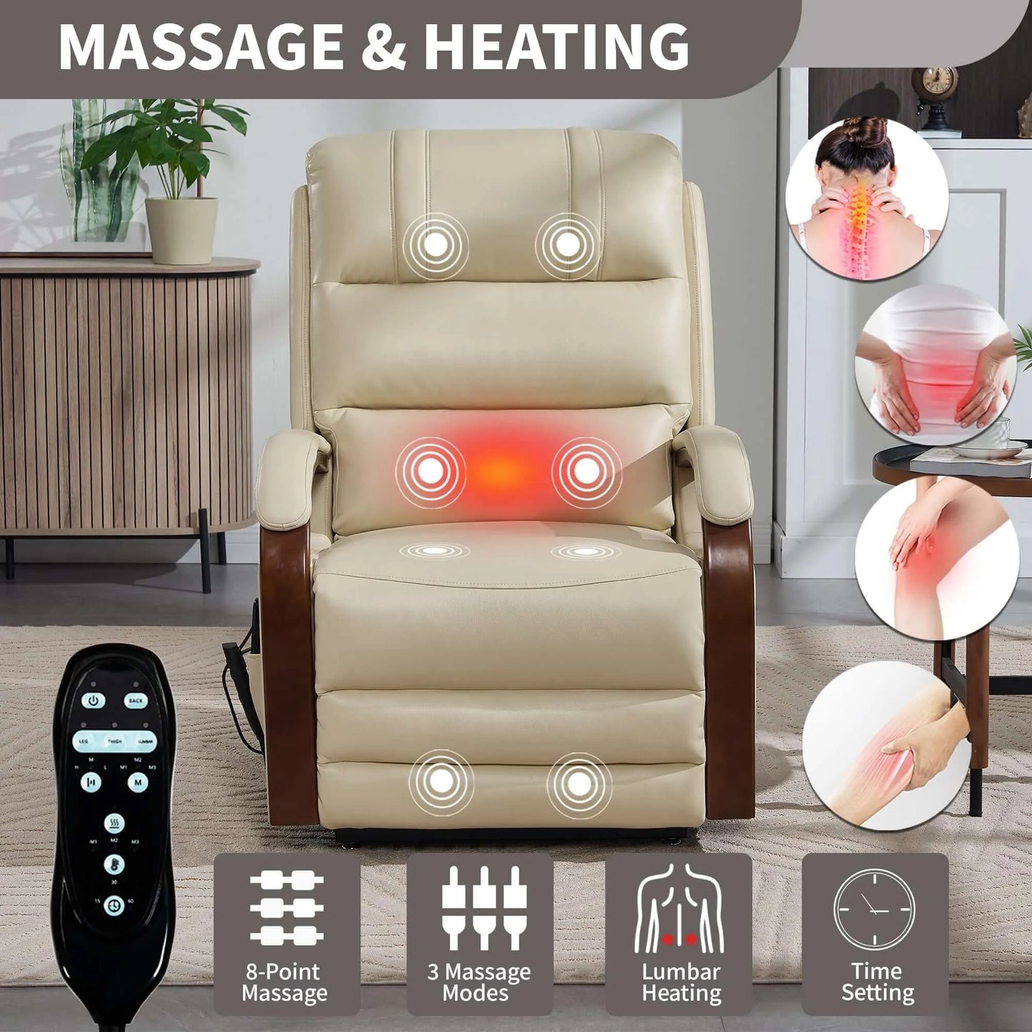 Beige faux leather massage and heating recliner chair with remote control on a wooden floor.