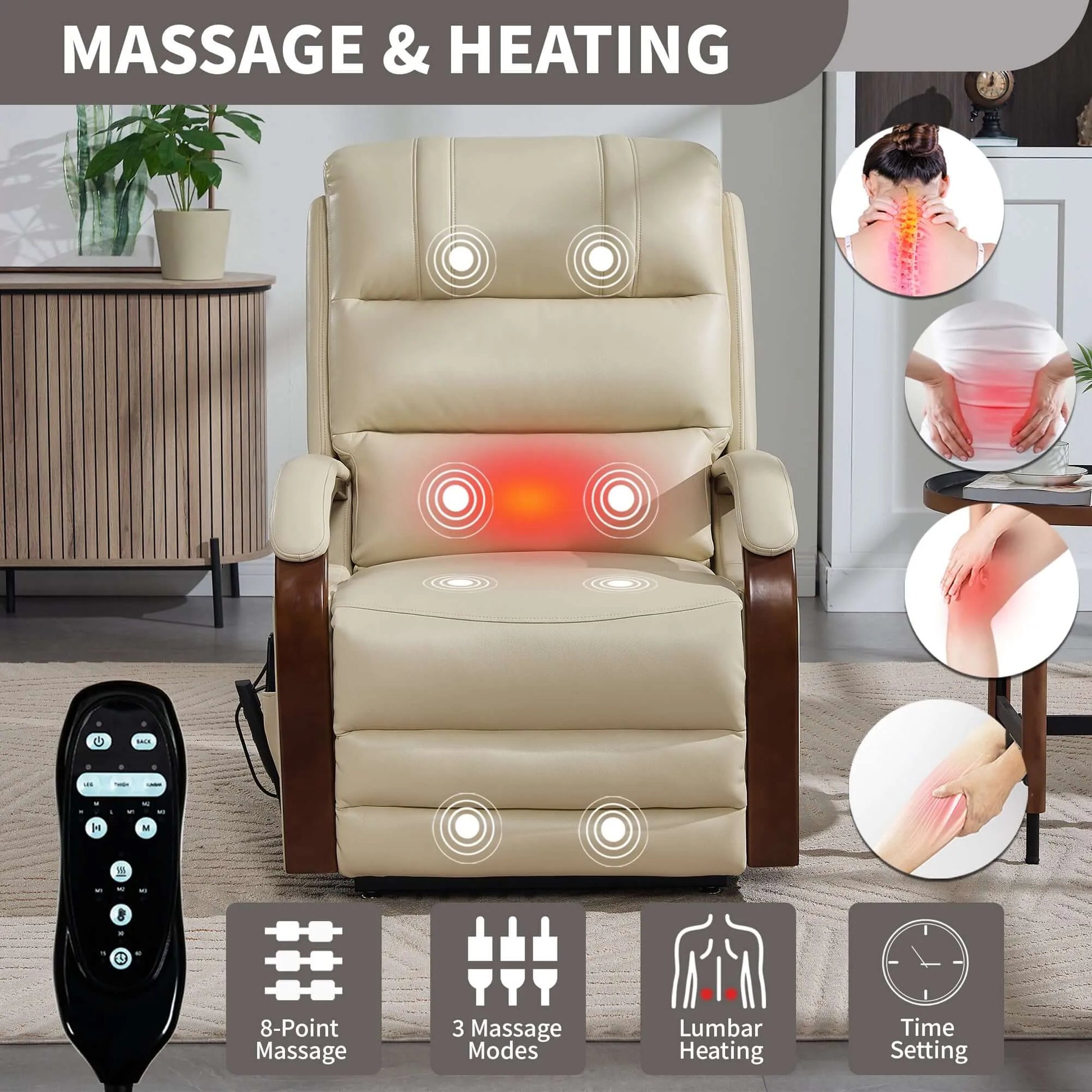 Beige faux leather massage and heating recliner chair with remote control on a wooden floor.