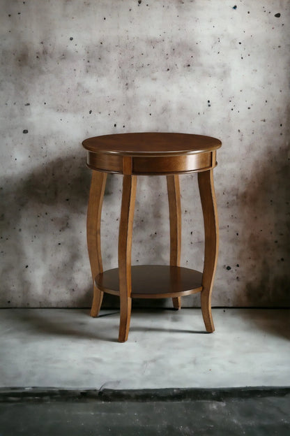 Wooden accent table against a textured wall