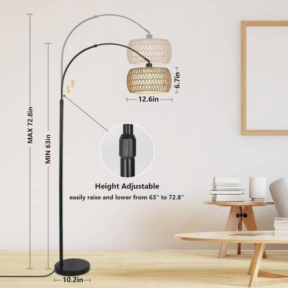 Boho Arc Floor Lamp with Remote, Dimmable LED & Rattan Shade – Black