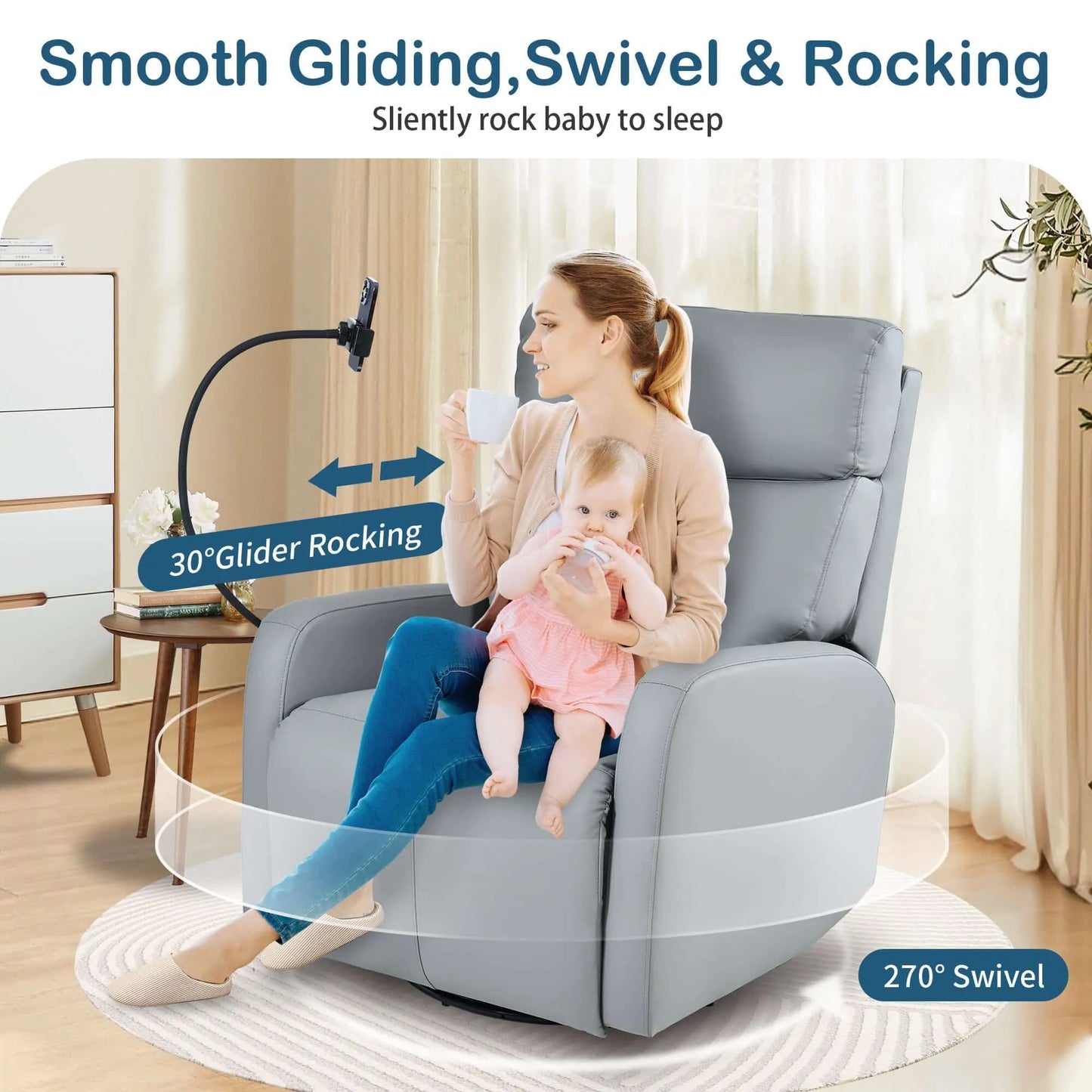 Woman sitting in a gray gliding, swivel, rocking recliner chair with a baby, surrounded by home decor elements.