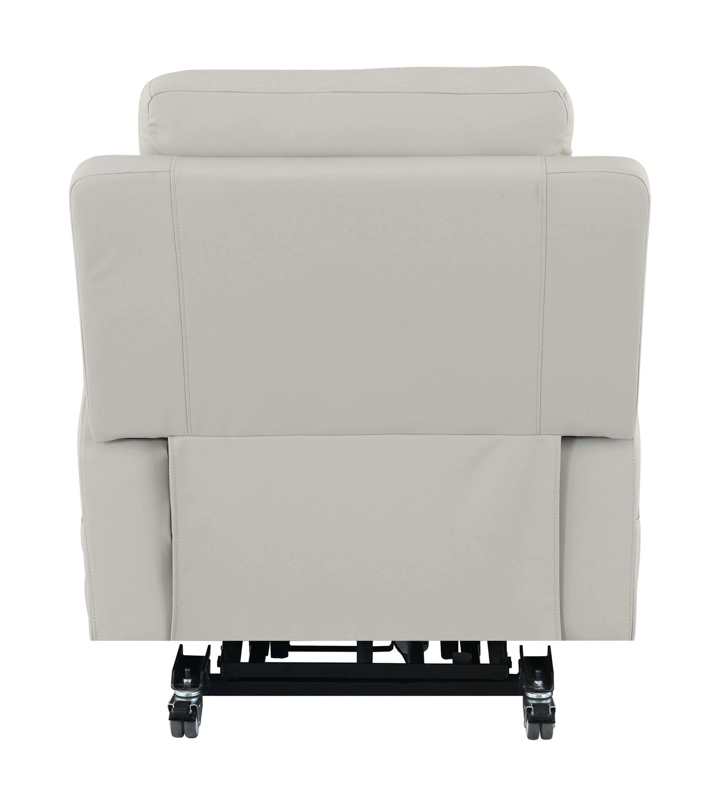 Back view of a light gray leather recliner lift chair with black metal brace on a white background