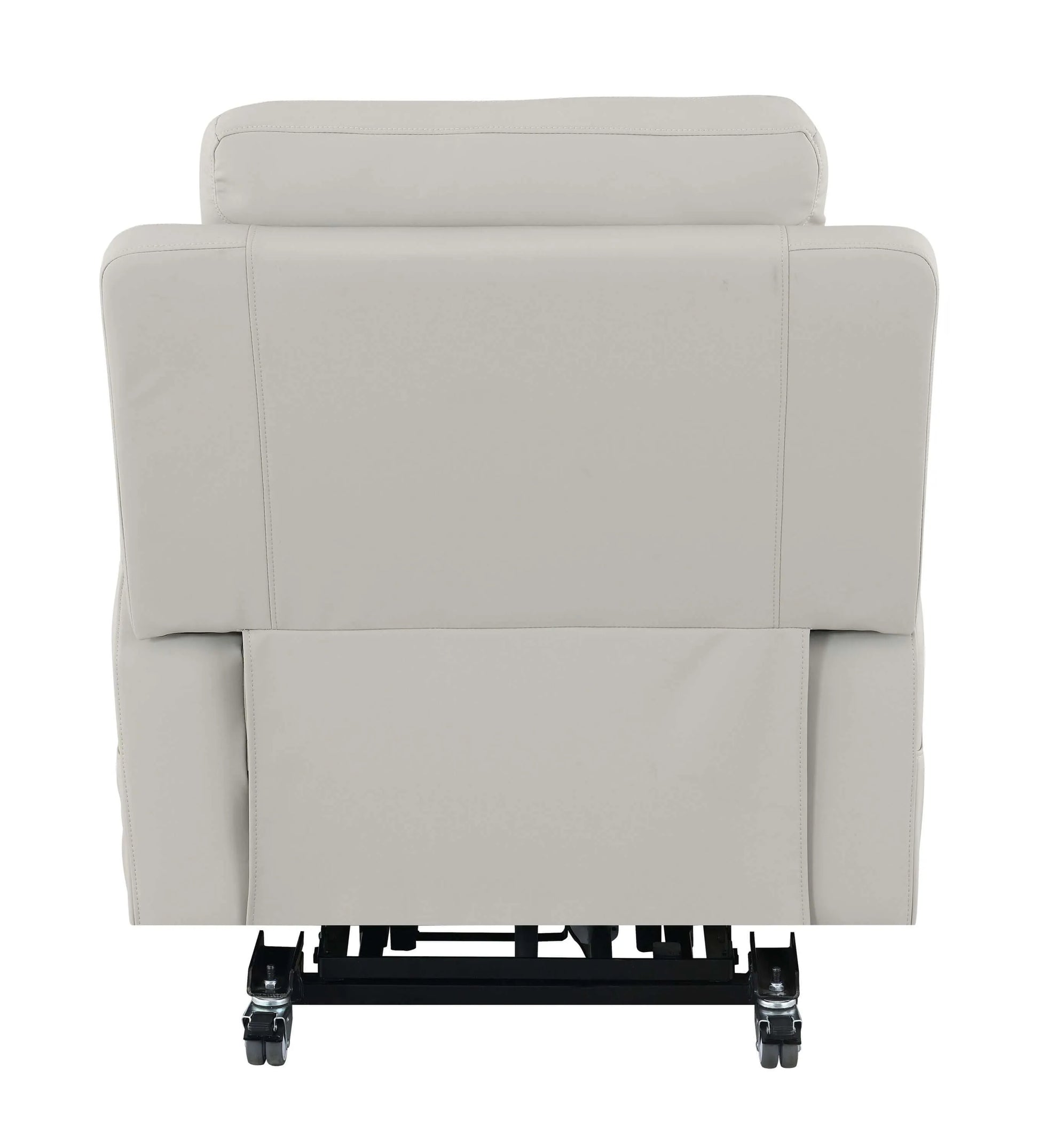 Back view of a light gray leather recliner lift chair with black metal brace on a white background
