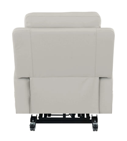 Back view of a light gray leather recliner lift chair with black metal brace on a white background