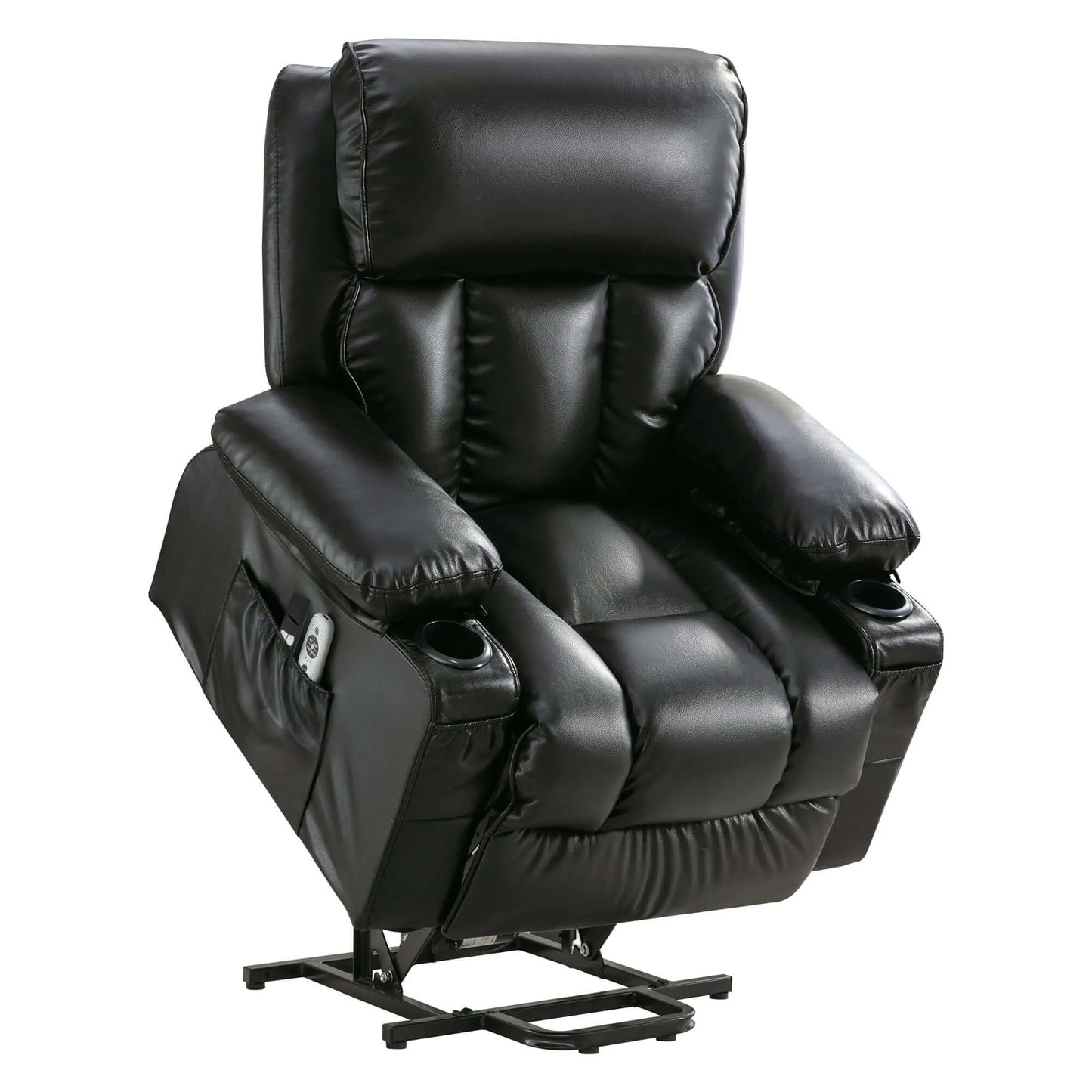 Brown leather lift recliner chair with storage pocket on a white background